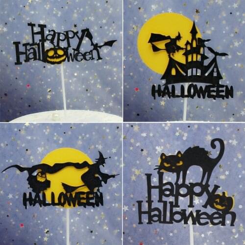 New Paper Birthday Cake Topper Black Cat Witches Castle Happy Birthday Cupcake Toppers For Kids Birthday Party Cake Decorations
