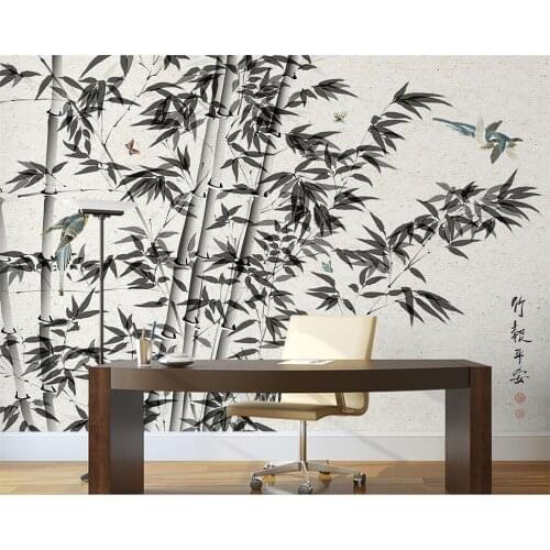 Beibehang Custom wallpaper black and white hand-painted bamboo magpie TV background wall living room bedroom murals 3d wallpaper