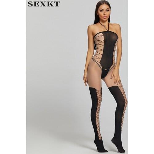 Open Sexy Cross Body Stocking Strap Dew Sexy Lingerie Transparent One-Piece Stockings Suit Slutty Clothes Body Stocking Nylon