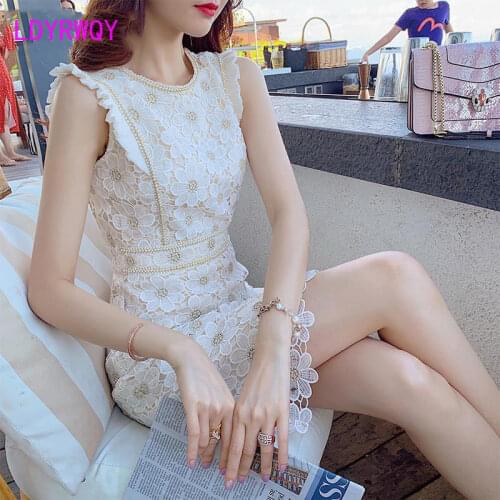 LDYRWQY 2021 Lace embroidery womens summer new temperament slim round neck high waist fashion dress Office Lady