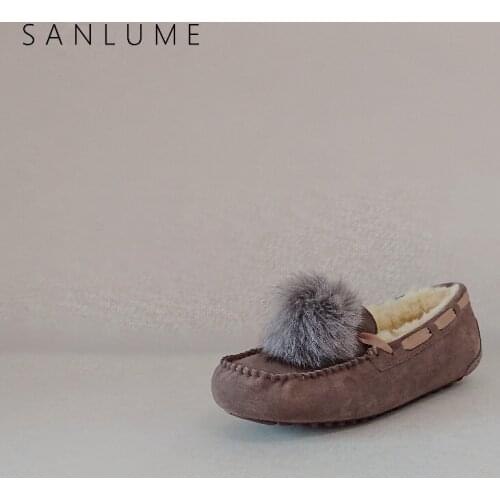 SANLUME Casual Flat Loafers Genuine Leather Winter Shoes Women Real Wool ladies Keep Warm Comfortable Slip On