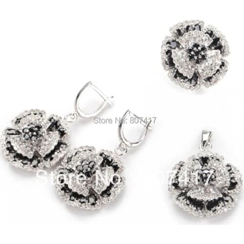 SHUNXUNZE Big wedding jewelry sets (ring/earring/pendant) for women flower Black and White Cubic Zirconia Rhodium Plated R917set