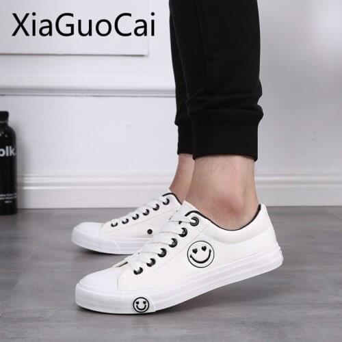Cute Breathable Mens Casual Shoes Spring Summer Solid Color Classic Mens Flat Sneakers Smiley Mens Canvas Shoes