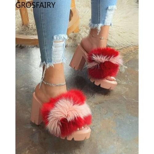 Womens Sexy Color Matching High-heeled Hairy Slippers Women Plus Size Sandals and Slippers Beautiful Slippers Women