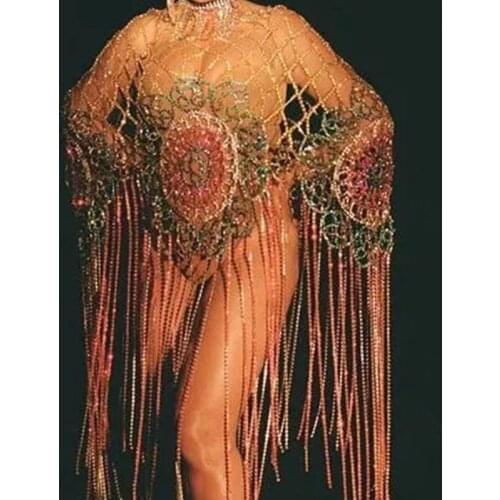 Colorful Hollow Crystal Body Chain Stage Costume Long Tassel Lingerie Chain Halloween Clothing for Women Rave Outfits Jewelry