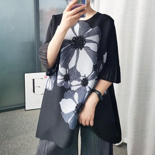 New Summer Loose Printed T-shirt Hot Diamonds Beads Plus Size Round Neck Ruffle Sleeves Casual Pleated Top Women Miyak Elegant