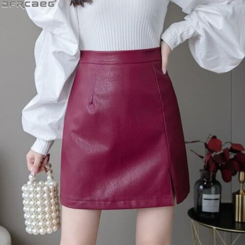 New 2020 Autumn Winter PU Leather Skirt Women Vintage Slit Femme Jupes Red Black Purple Skirts High Waist Bodycon Mini Skirt