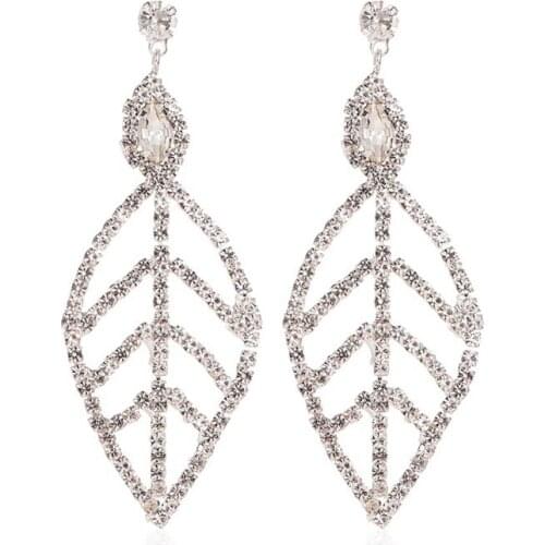 2020 New Fashion Women Hollow Leaf Full Rhinestone Long Dangle Ear Stud Earrings Jewelry