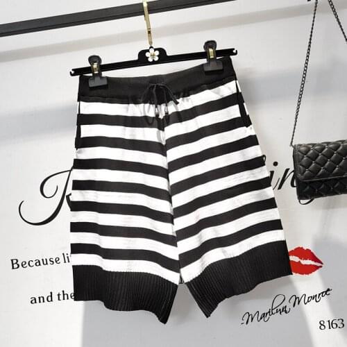 Striped Loose Knitted Fashion Zevity Basic High Waist Summer WomenS Casual Cycling Clothing Sports Fitness Shorts 2021