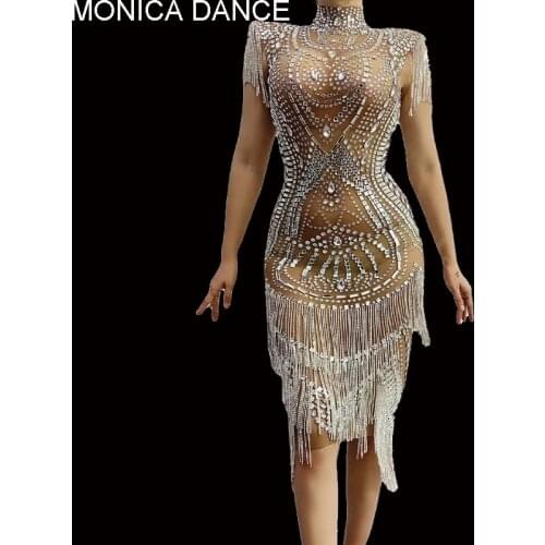 Women Sexy Shining Silver Crystals Fringes Transparent Dress Birthday See Through Rhinestones Chain Outfit Singer Evening Dress