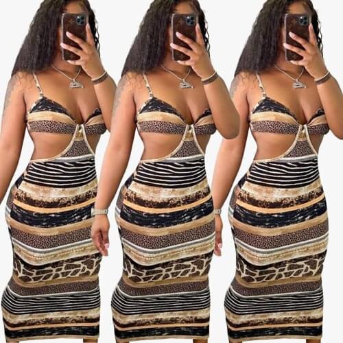 Fashion Womens Clothing Sexy Sling Hollow Trendy Style Leopard Print Personality Tube Top Temperament Nightclub One Step Dress