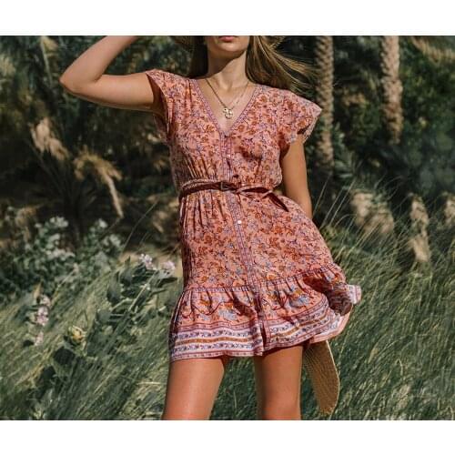 2020 Summer Button V-Neck Women Floral Print Dresses Flutter Sleeves Boho Chic Mini Dress Casual Beach Vestidos Party Wear