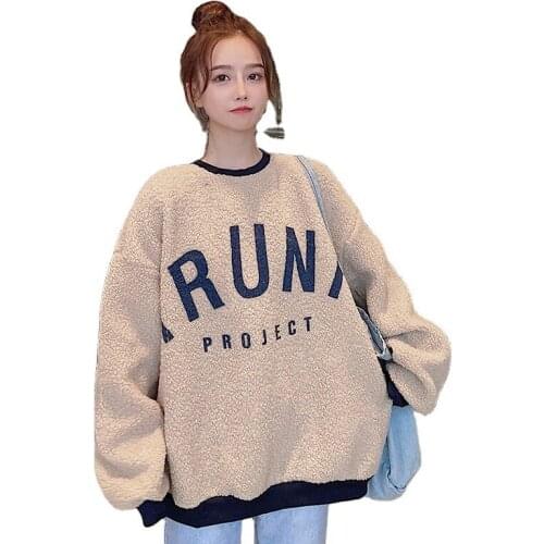 Fleece Winter Plus Size Hoodie Long Sleeve T-shirt Clothes for Teens Pullovers Faux Lamb Wool Sweater Women Loose Sweatshirt