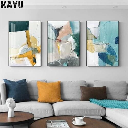 Nordic Style Canvas Painting Abstract Watercolor Green Blue Yellow Geometric Pictures Poster for Home Rooms Home Gallery Decor
