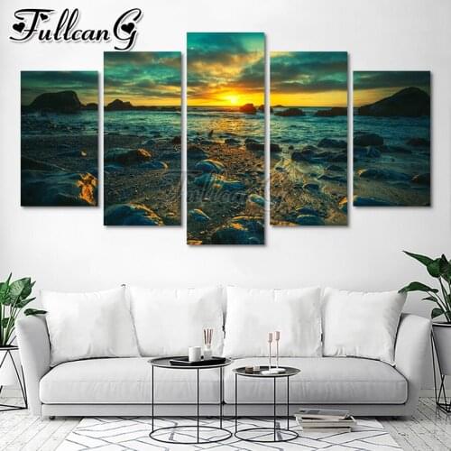 FULLCANG Sunset calm seascape 5 piece diy diamond painting large full square round drill mosaic embroidery multi-picture FC3059