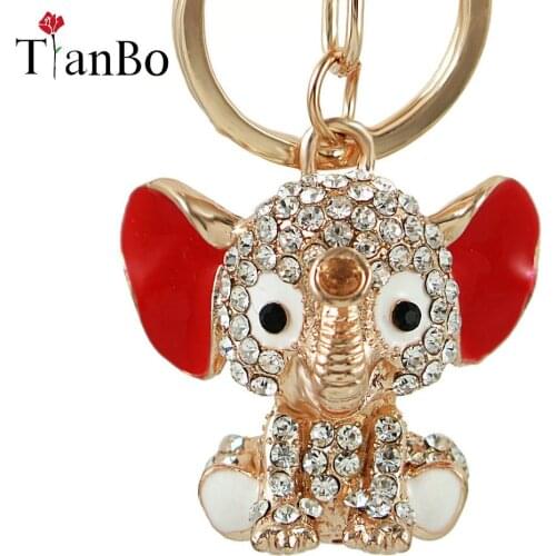 Red Ear Elephant Keychains Crystal Key Ring Purse Bag Rhinestone CZ Keyring Charm Pendant Jewelry