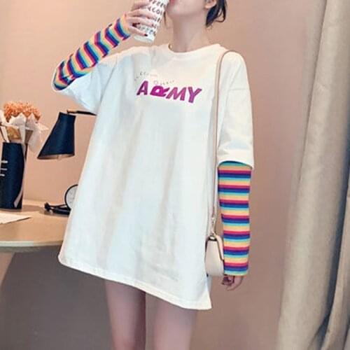 Spring Woman Oversized Long Sleeve Tshirts Rainbow Korean Kpop Tops Clothes Purple Medium-Length Loose Patchwork Femme Mujer