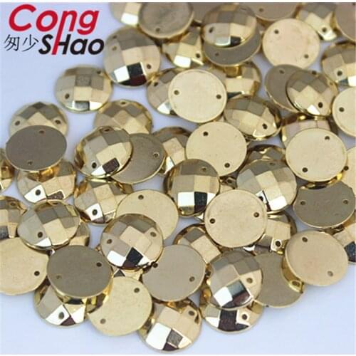 Cong Shao 200Pcs 14mm Gold Color Round flatback Acrylic Rhinestone stones and crystals sewing 2 Hole Wedding Dress Button CS225X