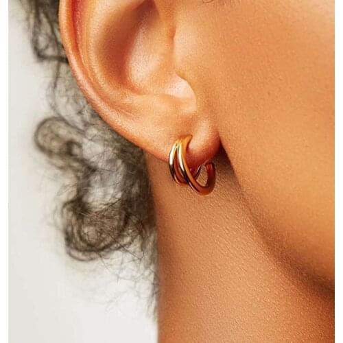 Small Double hoop earrings for women stainless steel gold color half C circle earrings minimalist elegant