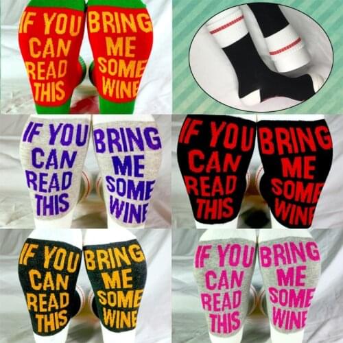 Unisex Novelty Funny Saying Crew Socks Striped Shiny If You Can Read This Bring Me Some Wine Letters Cotton Hosiery Gift