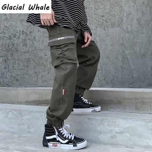 GlacialWhale New Hip-Hop Jogger Mens Black Harem Multi-Pocket Ribbon Mens Pants Streetwear Casual Mens Casual Cargo Pants