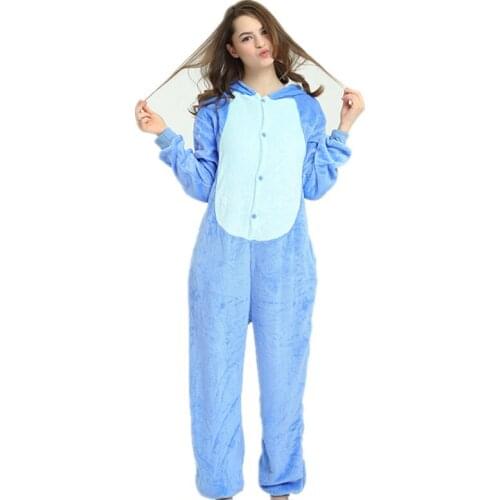 2020 Adults Animal Pajamas Cartoon Sleepwear Stitch Pajamas Sets Anime Kigurumi Women Men Warm Flannel Hooded