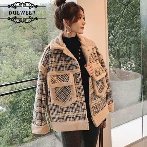 Short Parkas Women Winter Woolen Turn-down Collar Plaid Patchwork Outwear Pockets Chic Elegant Plus Velvet Korean Style