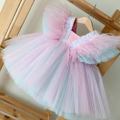 Baby girl V-neck children teens Pageant ball gown summer wedding rainbow Sequin fluffy Princess Party Dress for girls dress