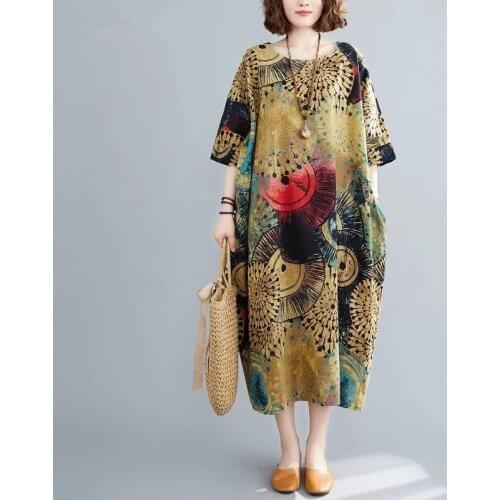 Cotton Linen Plus Size Vintage floral Women Casual Loose Long Summer Dress Elegant Clothes 2021 Ladies Dresses Sundress