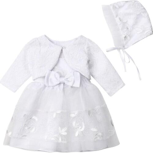 Baby Dresses 3pcs Baby Girls Princess Dress White Lace Christening Wedding Party Dresses Clothes Long sleeve with hat lace style