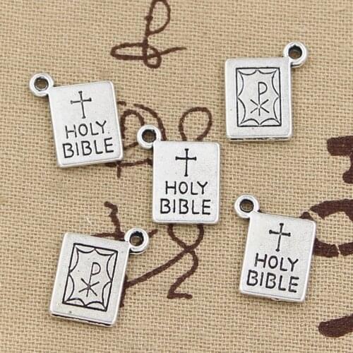 15pcs Charms Book Holy Bible 17x14mm Antique Bronze Silver Color Pendants Making DIY Handmade Tibetan Bronze Jewelry