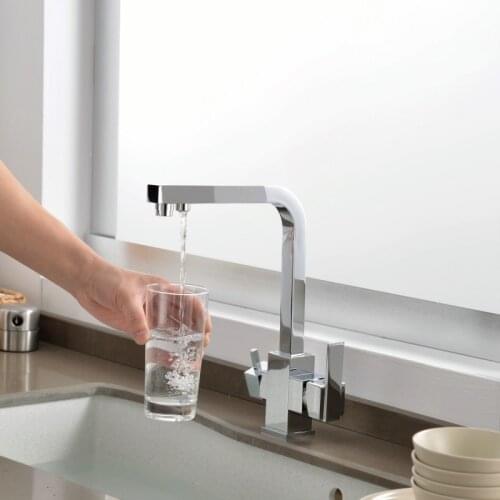 Pure water kitchen faucet Copper hot and cold water Double handle single hole Three-in-one faucet