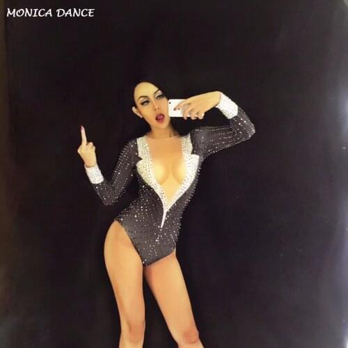 Dance Costumes Black Sexy Sparkling Crystals Bodysuit Nightclub Party DJ Dancer Singer Stage Wear Costume Women Bling Outfit