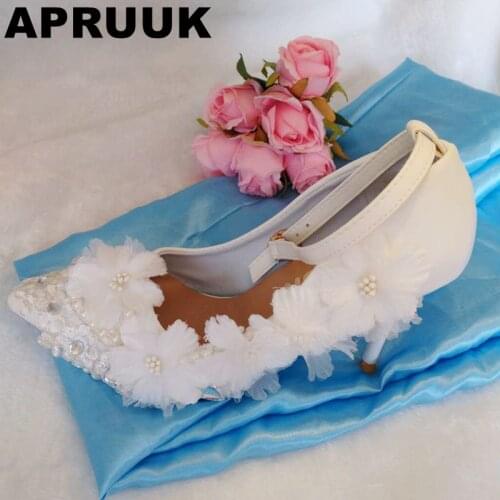 9CM thin high heels wedding shoes women sexy point toes white flowers brides bridal pumps shoes ankle buckle straps shoes