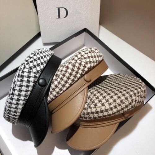 JIN-Swhbias Octagonal Cap for Women Plaid Leather Visors Newsboy Cap 2021 New Vintage Autumn Winter Berets Ladies Hat