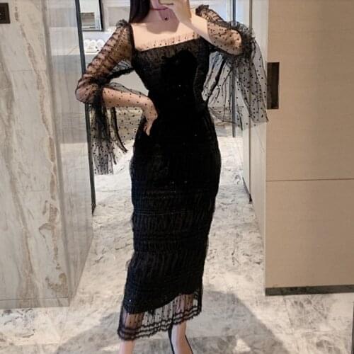 ZAWFL High Quality Runway Dress Women 2021 Elegant Mesh Black Ruffles Long Sleeve Hollow Out Strapless Lace Long Party Dress