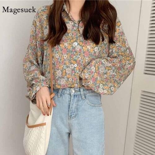 Women Korean Puff Long Sleeve Floral Women Shirts 2021 Autumn Casual Chiffon Print Plus Size Blouse Cardigan Tops Blusas 10312