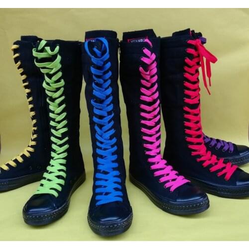Women Boots 2019 Spring High Long Tube Cheerleaders Dance Shoes Front Tie Side Zipper Canvas Casual Female Flat with Shoes