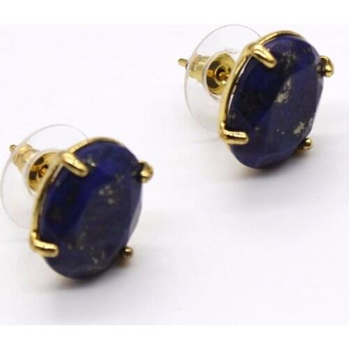 100-Unique 1 Pair Light Yellow Gold Color Oval Shape Stud Earrings Elegant Womens Earring Lapis Lazuli Jewelry