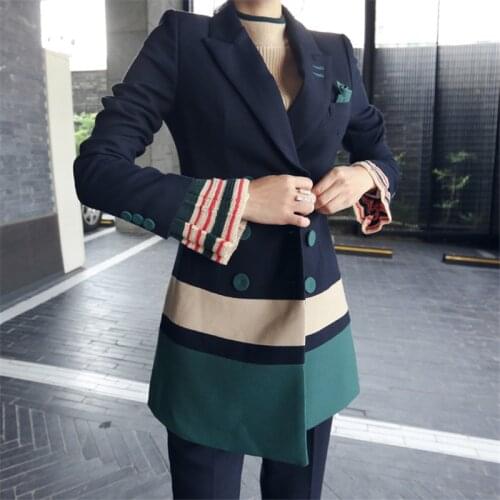 Double Breasted Loose Outfits Women Two Pieces Sets Vintage Slim Patchwork Green Long Blazer + Ankle-Length Pant Suits