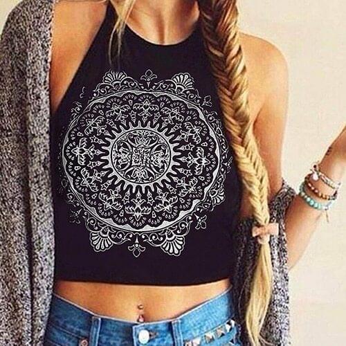 Womens Summer Cool Fashion Mandala Print Halter Neck Round Neck Vest Crop Top