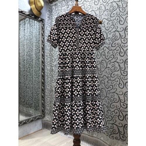 2021 Summer Fashion Style Dress High Quality Women V-Neck Geometric Prints Short Sleeve Mid-Calf Length Casual Cotton Dress Chic