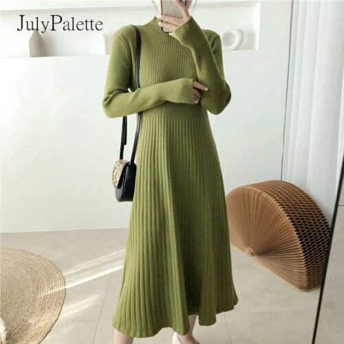JulyPalette Autumn Winter New Half High Collar A-line Sweater Dress Elegant Ladies Slim Full Sleeve Knitted Dress Solid Vestidos