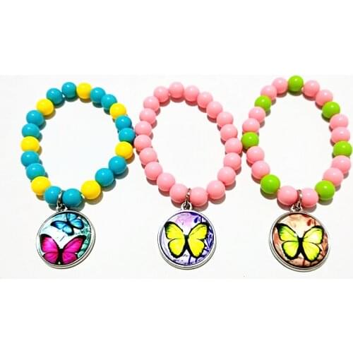 24pcs/lot Lovely Butterfly Pink Rose Blue Beads glass bracelets Leather Cartoon hand chain for girls Bangle best gift
