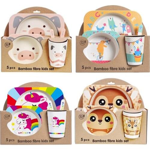 5pcs/set Cartoon Animal Tableware Baby Dishes Set Eco-friendly Bamboo Fiber Dinnerware Food Plate Bowl For Kids Boy Girl Gift