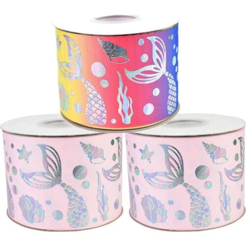50yards 75mm Iridescence Silver Foil Fishtail Mermaid Grosgrain Ribbon For DIY Accessories Welcome Custom Printed