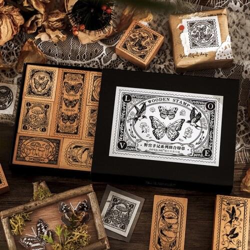 Mengtai 9pcs/set Vintage butterfly Decoration stamp swooden rubber stamps for scrapbooking stationery DIY craft standard seal