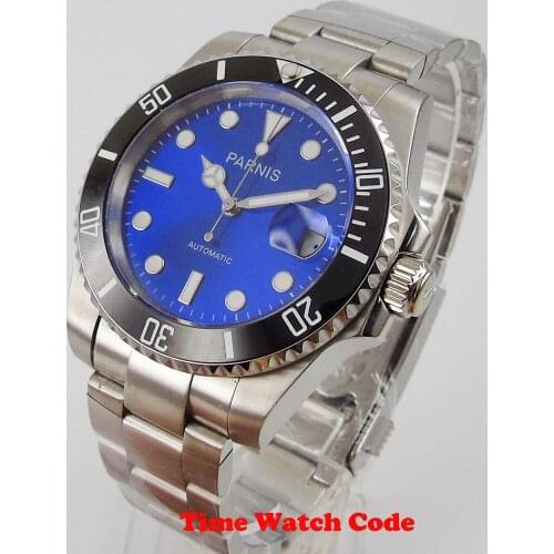 40mm Parnis Mechanical Automatic movement Mens Watch Blue dial date indicator luminous hands Sapphire SS strap ceramic bezel