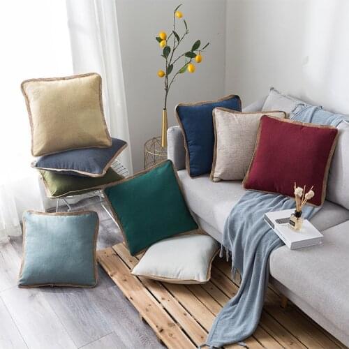 45x45cm hemp edge cushion cover cotton linen pillowcase office waist solid color pillow cover backrest