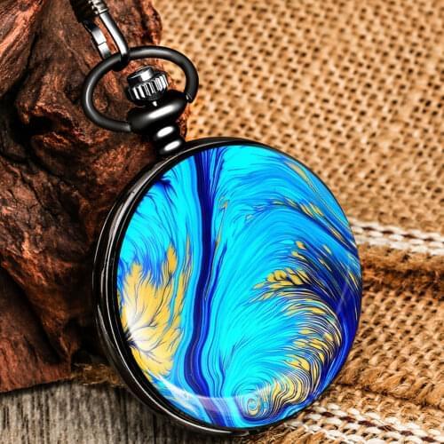 Exquisite Blue Pattern Man Women Pocket Watch Quiet Quartz Dial Durable Alloy Thick Chain Pendant Chic Clothing Accessories